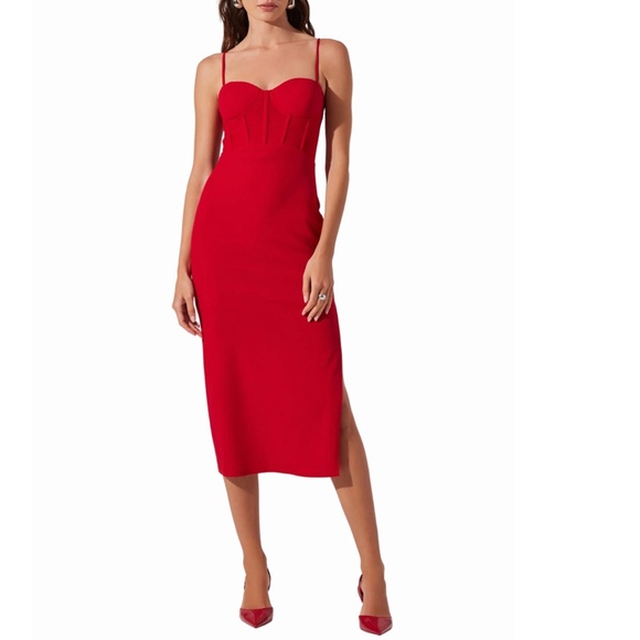 NEW ASTR The Label RED Contrast Mesh BUSTIER Stretchy COCKTAIL Midi Slit DRESS S - Picture 9 of 10